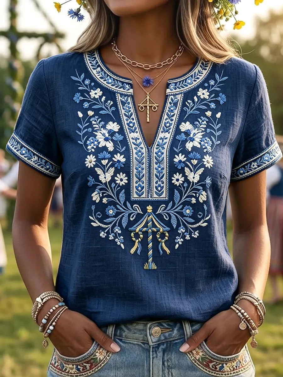 Damen Retro schwedisches Mittsommer-Blumen kunst V-Ausschnitt T-Shirt-Mode & Komfort