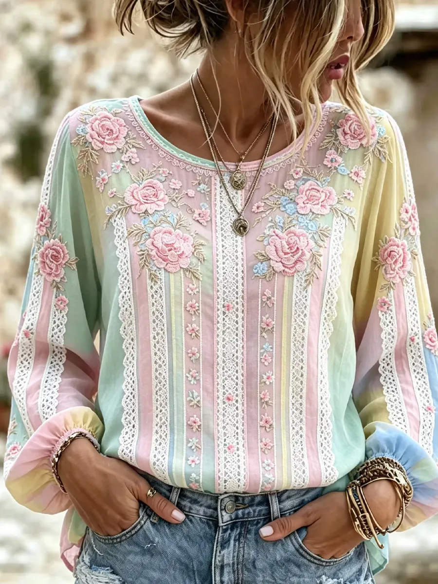 Damen-Top aus Baumwolle-Leinen im Vintage-Stil mit floraler Kunstprint-Optik-Mode & Komfort