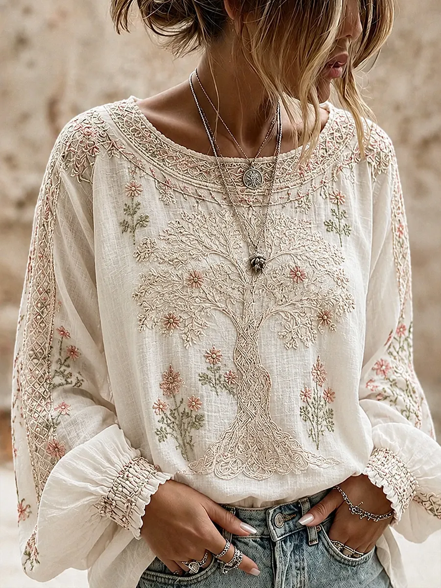 Damen-Top im Vintage-Stil mit floraler Kunstprint-Optik, aus Baumwolle und Leinen, lässig-Mode & Komfort