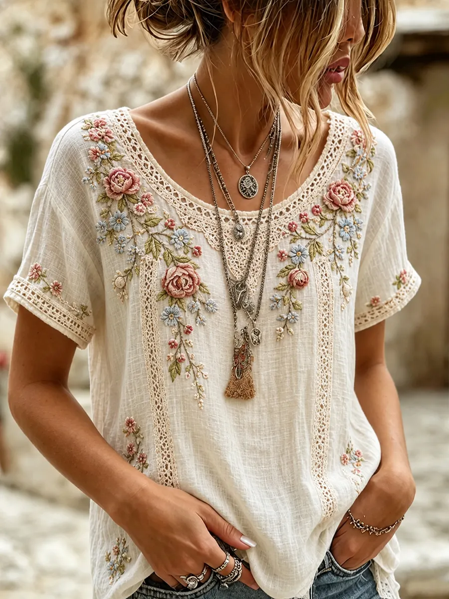 Damen-Top aus Baumwolle-Leinen im Vintage-Stil mit floraler Kunstprint-Optik-Mode & Komfort