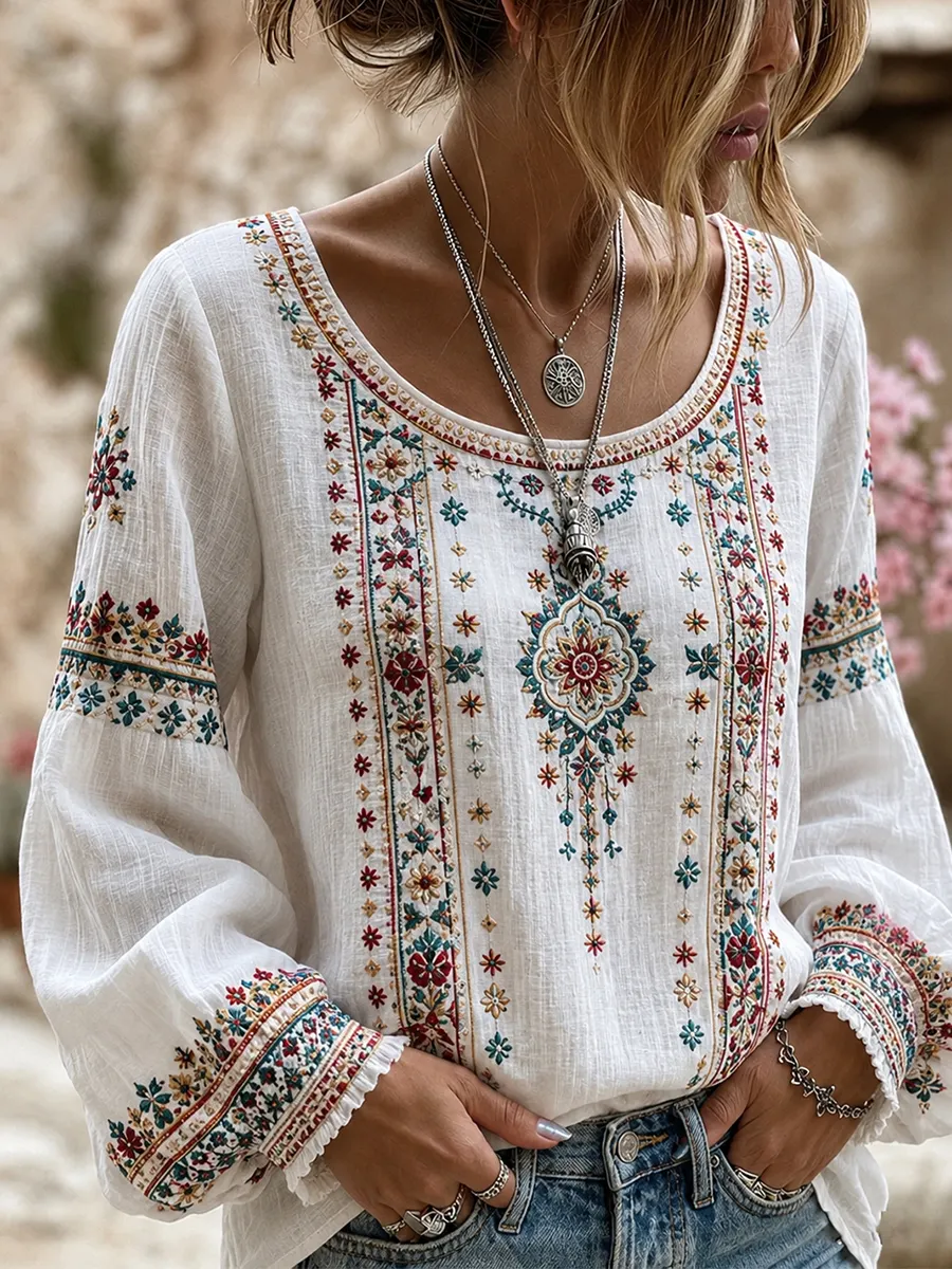 Damen-Top aus Baumwolle-Leinen im Vintage-Stil mit floraler Kunstprint-Optik-Mode & Komfort