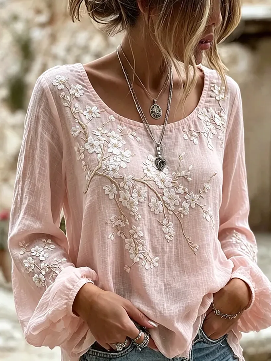 Damen-Top im Vintage-Stil mit floraler Kunstprint-Optik, aus Baumwolle und Leinen, lässig-Mode & Komfort