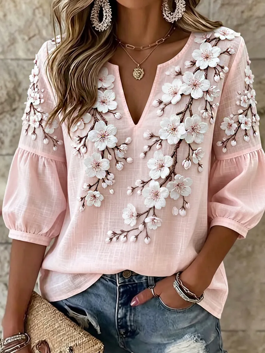 Damen-Retro-Top mit floraler Kunstprint-Optik, aus Baumwolle und Leinen, lässig-Mode & Komfort