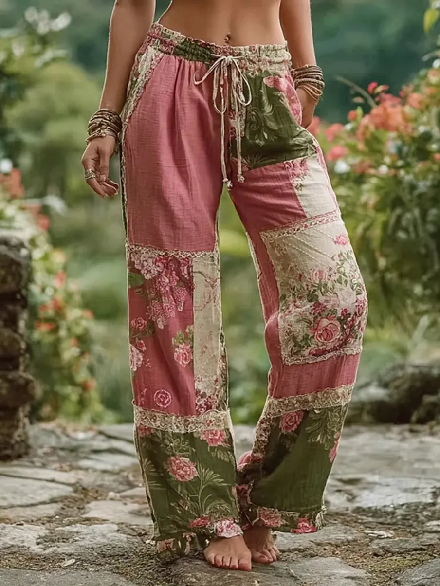 Retro Blumenkunstdruck Lässige Baumwoll-Leinen-Bequemhose-Mode & Komfort