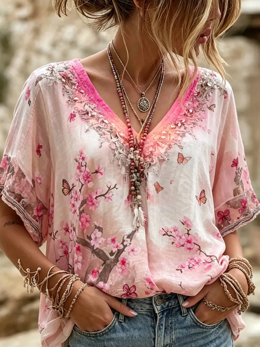 Damen-Top im Vintage-Stil mit floraler Kunstprint-Optik, aus Baumwolle und Leinen, lässig-Mode & Komfort