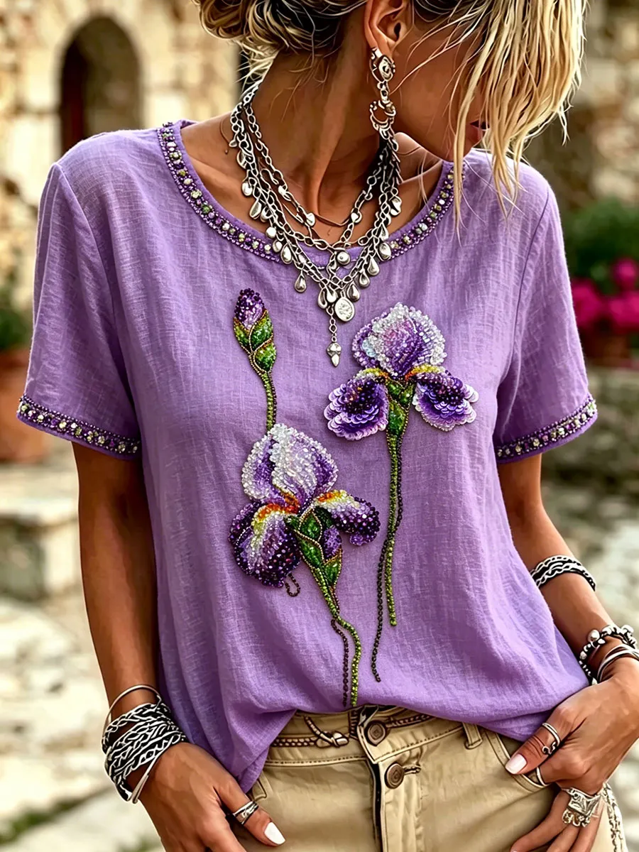 Frauen-Alzheimer-Lila-Blumenoberteile-Mode & Komfort
