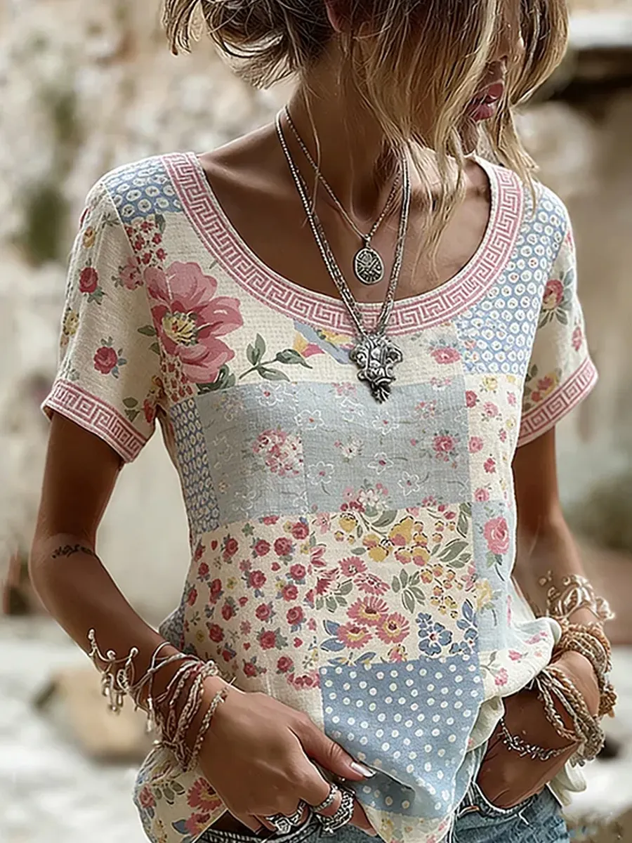 Damen-Top im Vintage-Stil mit floraler Kunstprint-Optik, aus Baumwolle und Leinen, lässig-Mode & Komfort