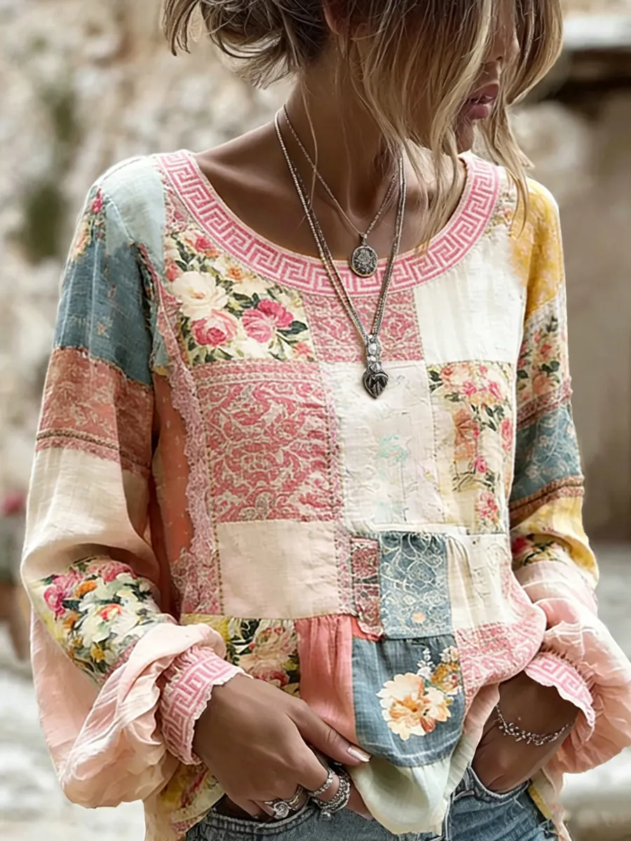 Damen-Top im Vintage-Stil aus Baumwolle und Leinen, lässig geschnitten, mit gestickten Blumen und bedrucktem Patchwork-Design-Mode & Komfort