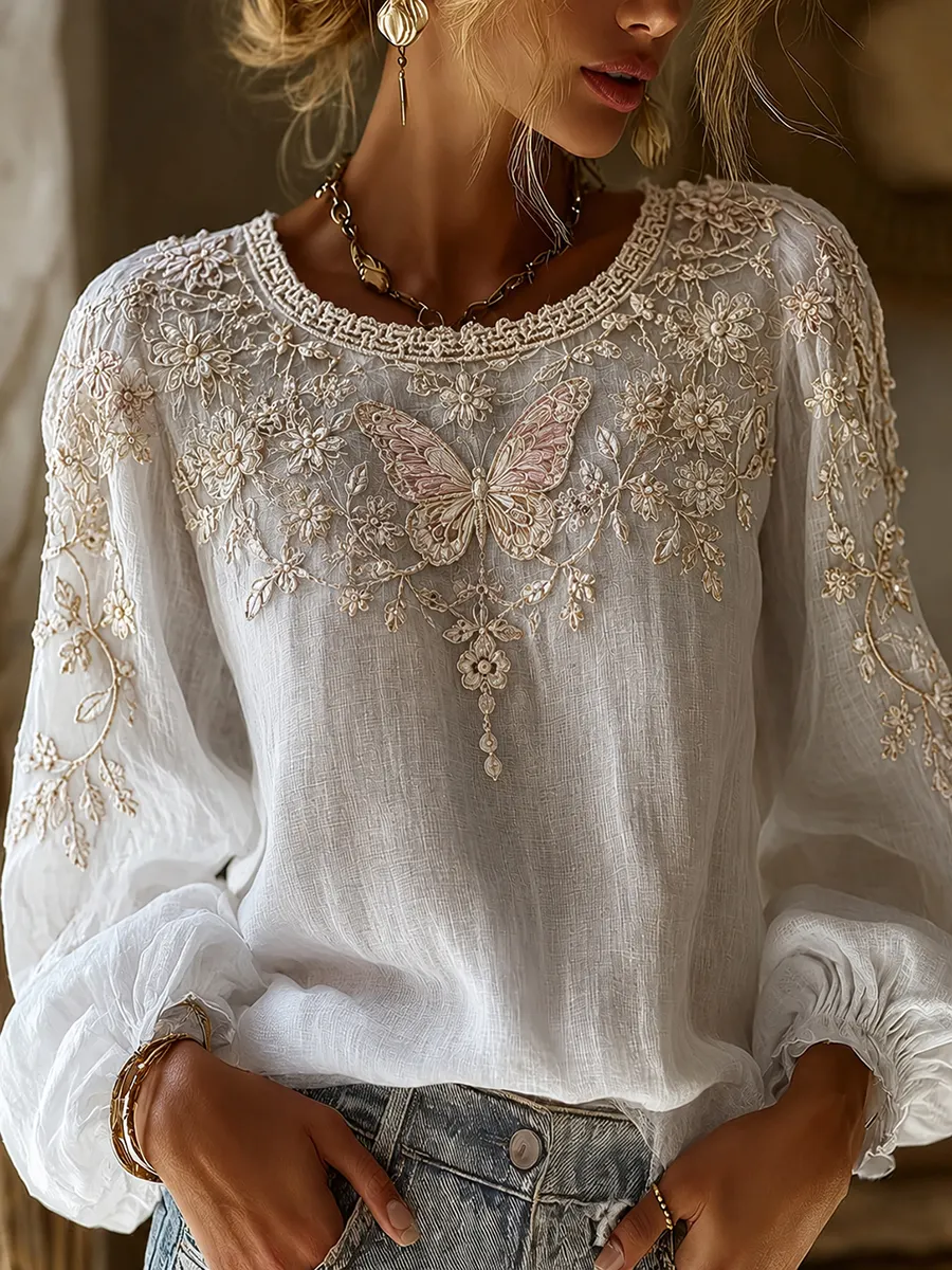 Damen-Top im Vintage-Stil mit floraler Kunstprint-Optik, aus Baumwolle und Leinen, lässig-Mode & Komfort