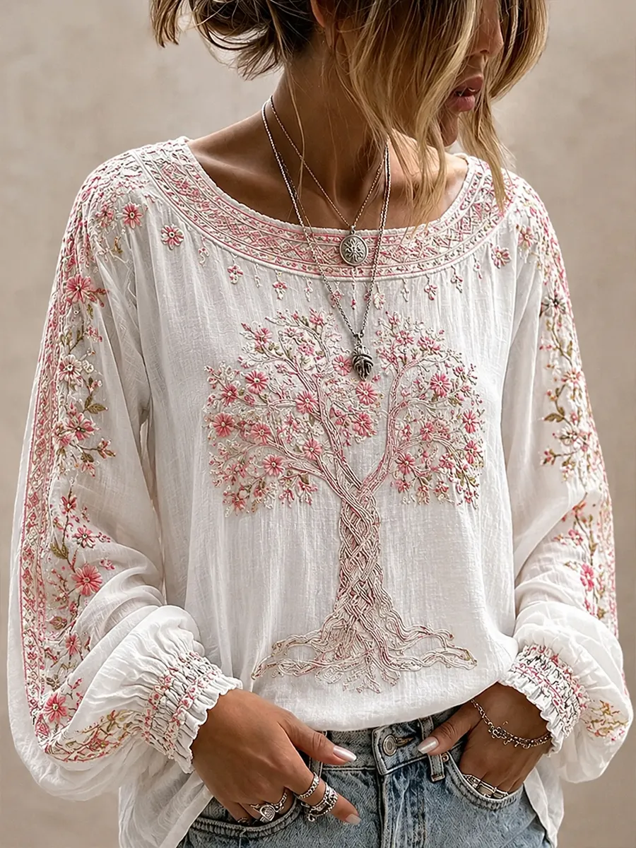 Damen-Top im Vintage-Stil mit floraler Kunstprint-Optik, aus Baumwolle und Leinen, lässig-Mode & Komfort