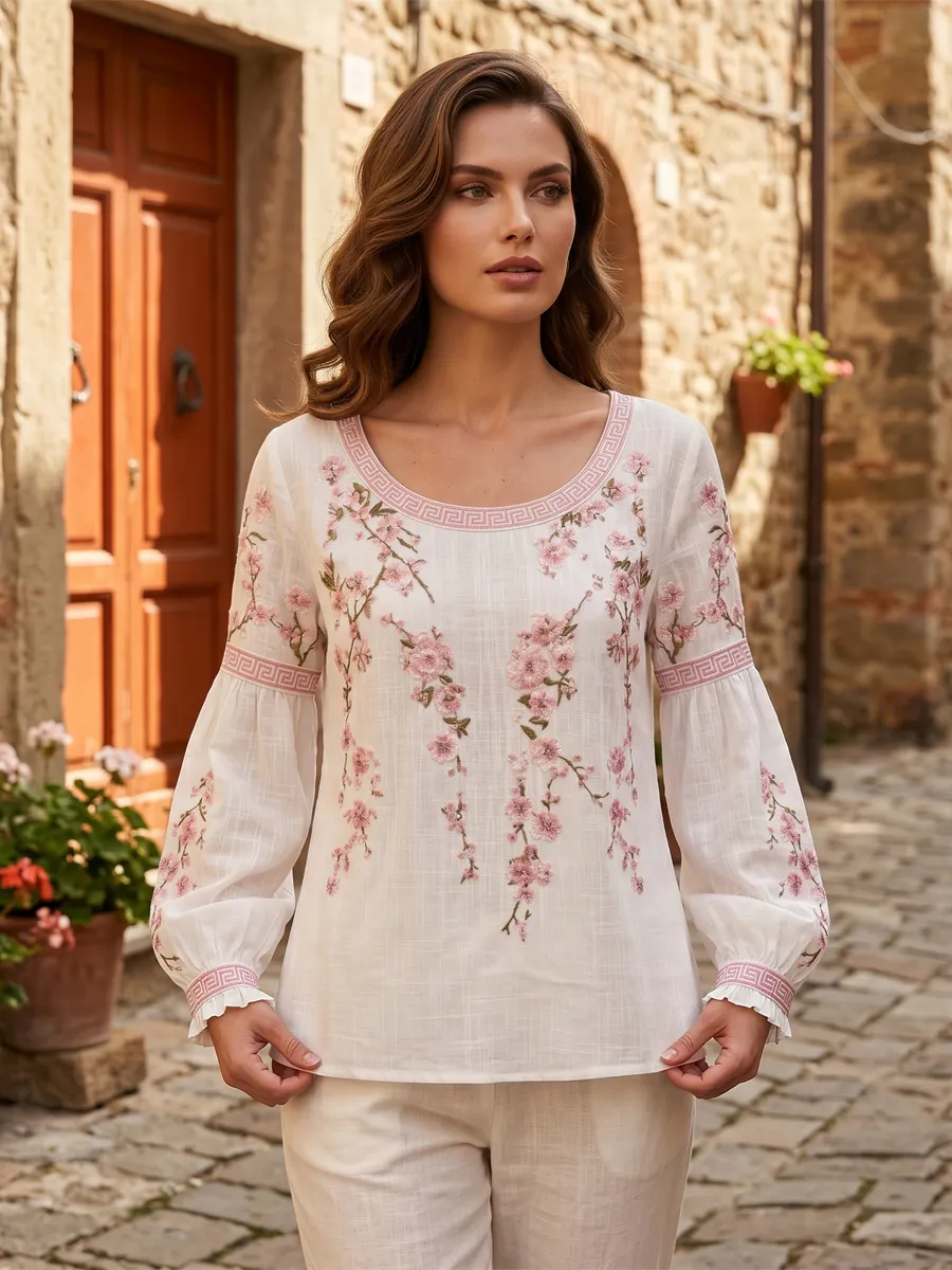 Damen-Top im Vintage-Stil aus Baumwolle und Leinen, lässig geschnitten, mit gestickten Blumen und bedrucktem Patchwork-Design-Mode & Komfort