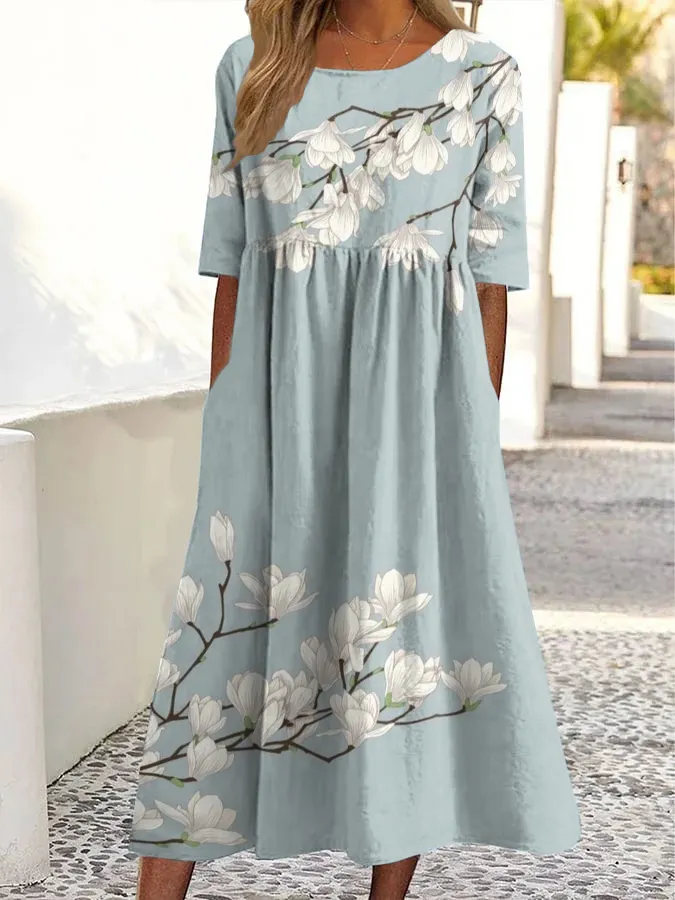 Vintage Midikleid mit Blumenmuster, Rundhalsausschnitt und Taschen-Mode & Komfort