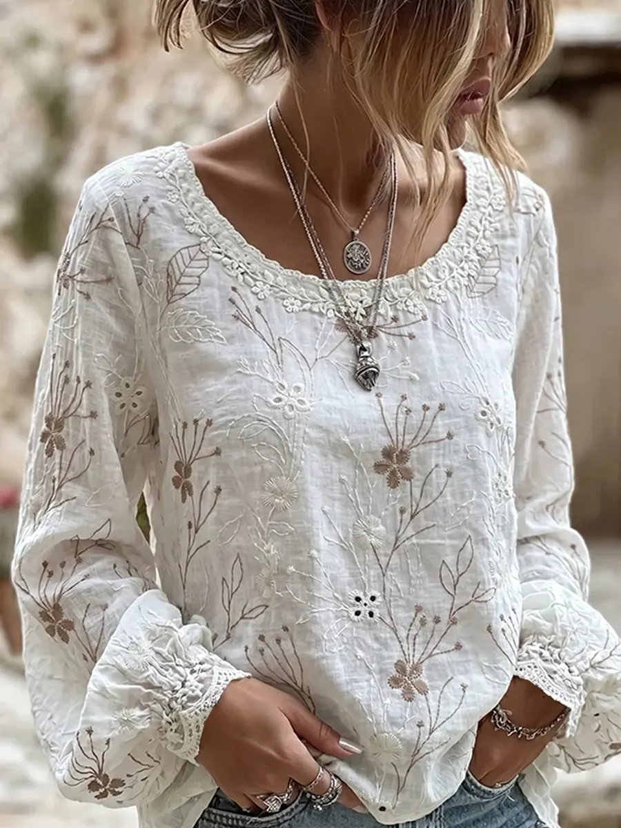 Damen-Top im Vintage-Stil mit floraler Kunstprint-Optik, aus Baumwolle und Leinen, lässig-Mode & Komfort