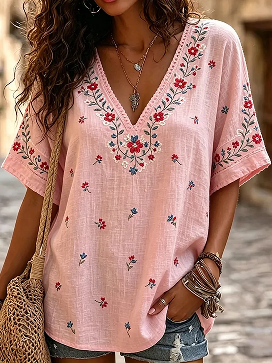 Damen-Top im Vintage-Stil mit floraler Kunstprint-Optik, aus Baumwolle und Leinen, lässig-Mode & Komfort