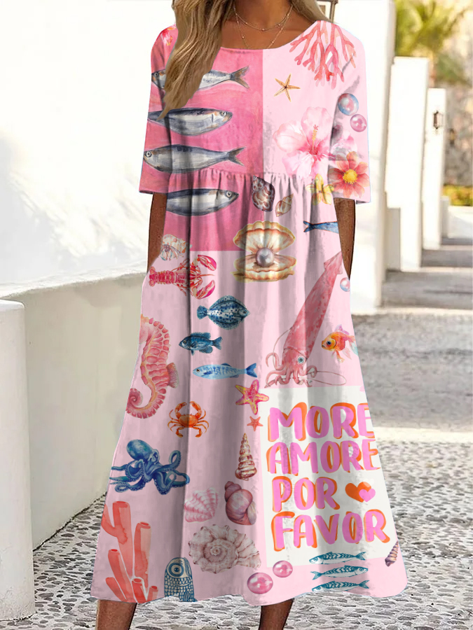 Vintage Midikleid mit Fischmuster, Rundhalsausschnitt und Taschen-Mode & Komfort