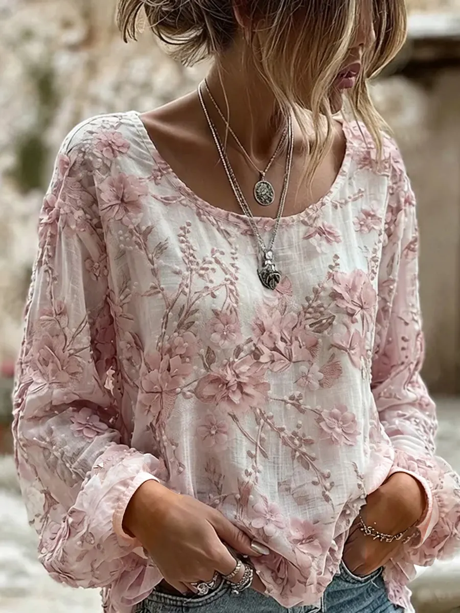 Damen-Top im Vintage-Stil mit floraler Kunstprint-Optik, aus Baumwolle und Leinen, lässig-Mode & Komfort