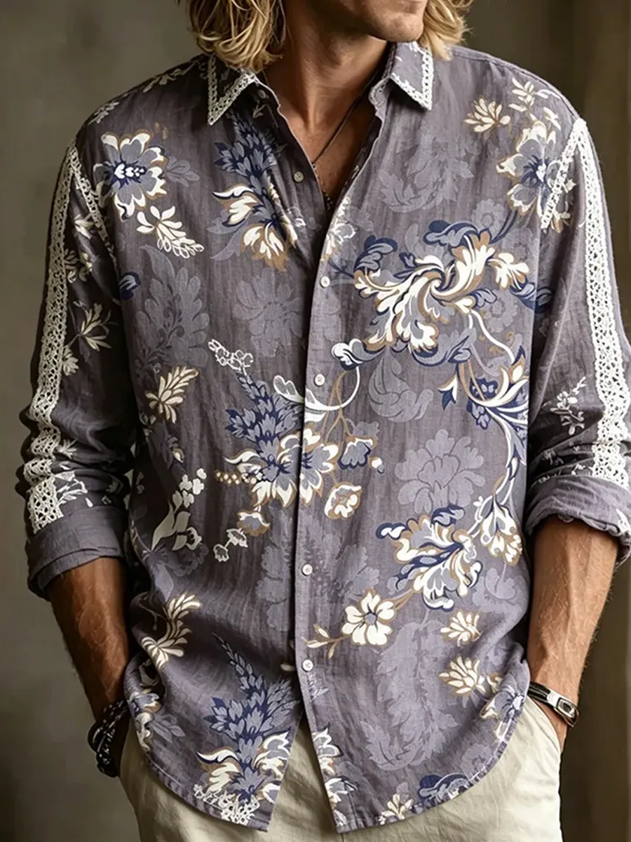 Herren-Retro-Shirt mit abstraktem Kunstprint, lässig, aus Baumwolle-Leinen-Mischgewebe-Mode & Komfort