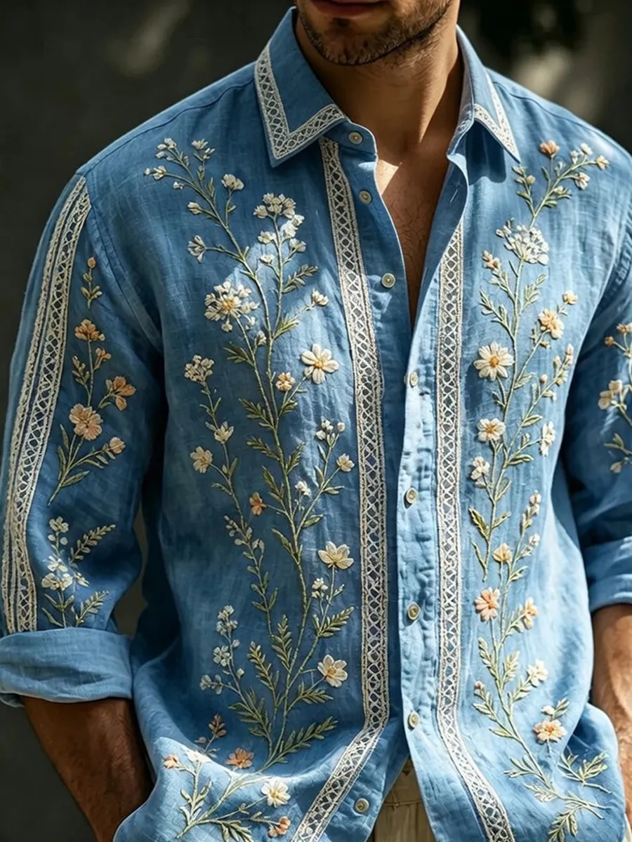 Herren-Retro-Shirt mit abstraktem Kunstprint, lässig, aus Baumwolle-Leinen-Mischgewebe-Mode & Komfort