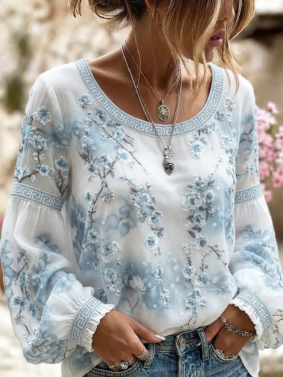 Damen-Top im Vintage-Stil mit floraler Kunstprint-Optik, aus Baumwolle und Leinen, lässig-Mode & Komfort