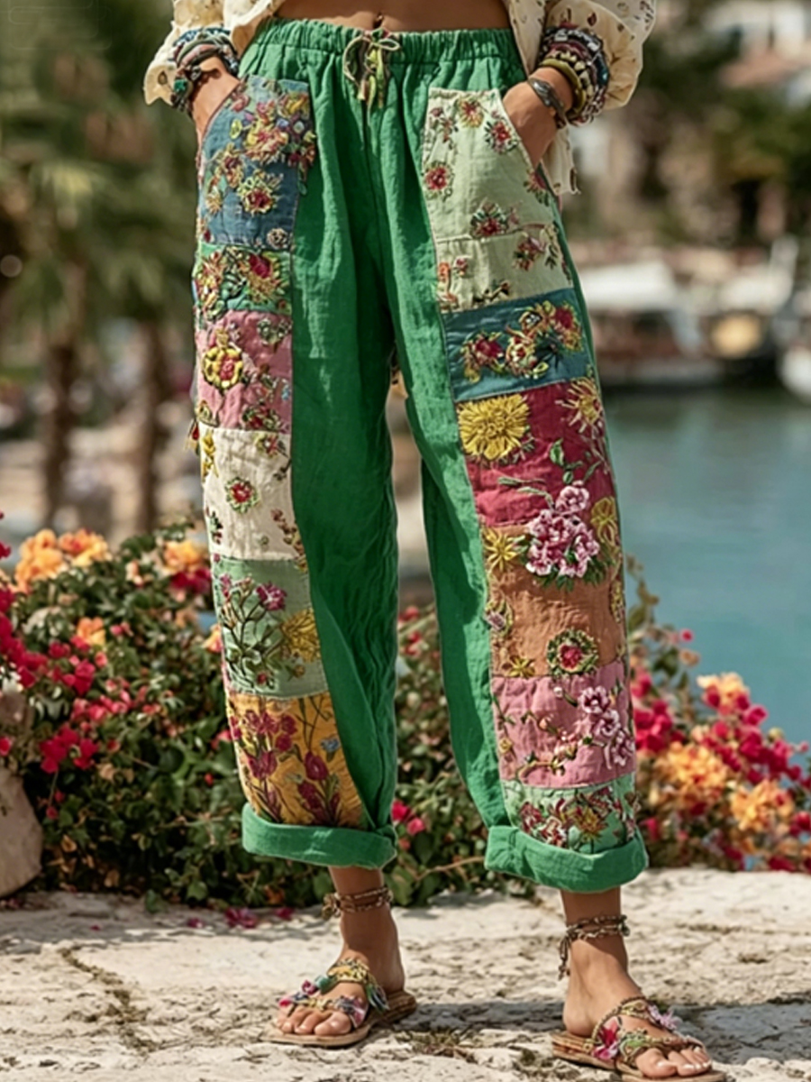 Damenhose im Boho-Stil mit floraler Stickerei, Kontrastfarben und Leinenanteil, lässig-Mode & Komfort