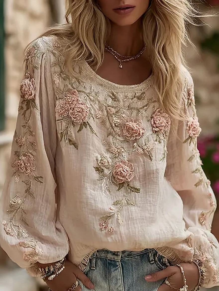 Damen-Top im Vintage-Stil mit floraler Kunstprint-Optik, aus Baumwolle und Leinen, lässig-Mode & Komfort