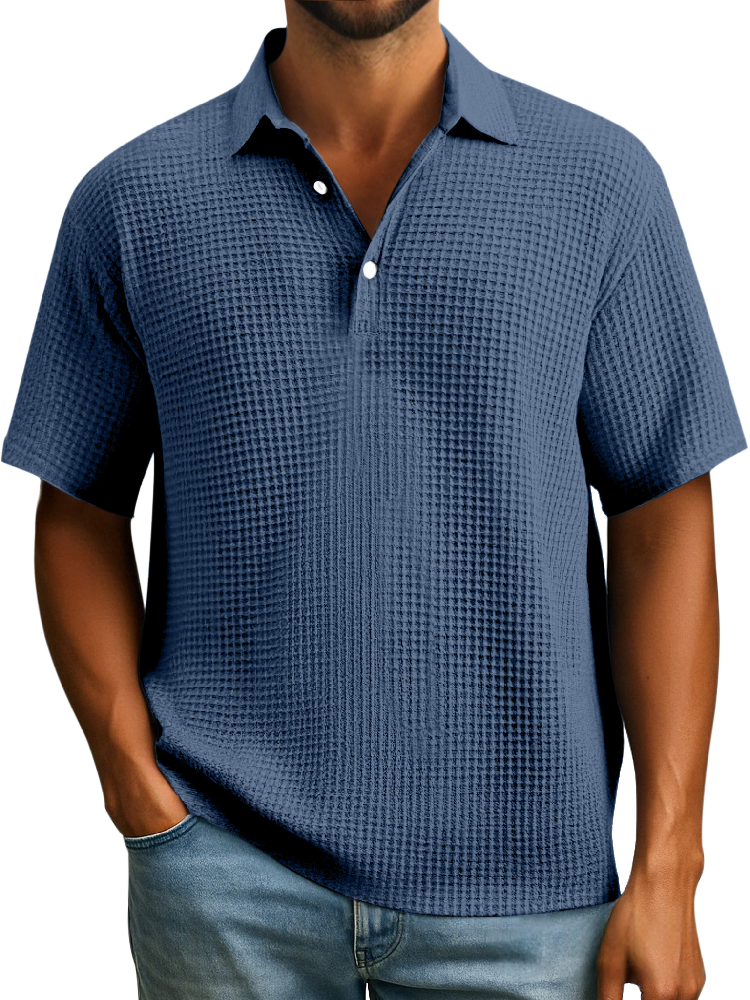 Herren Einfaches Alltags-Poloshirt mit Waffelknopf und Revers in einfarbigem Design mit kurzen Ärmeln-deurabatt