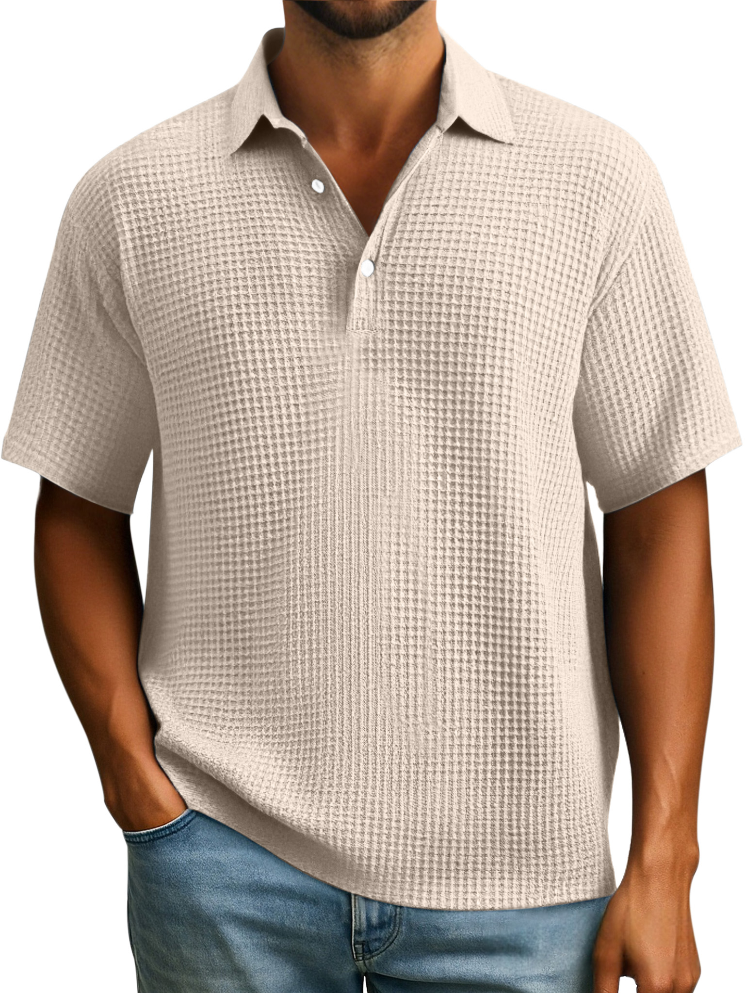Herren Einfaches Alltags-Poloshirt mit Waffelknopf und Revers in einfarbigem Design mit kurzen Ärmeln-deurabatt