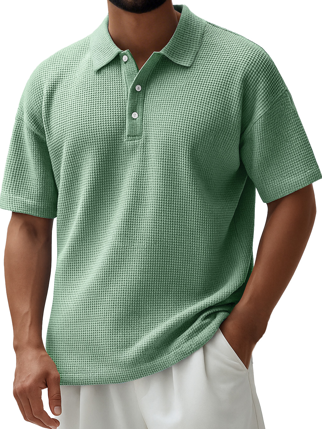 Herren Alltags Waffel Revers Knopfverschluss Freizeit Kurzarm Polohemd-deurabatt