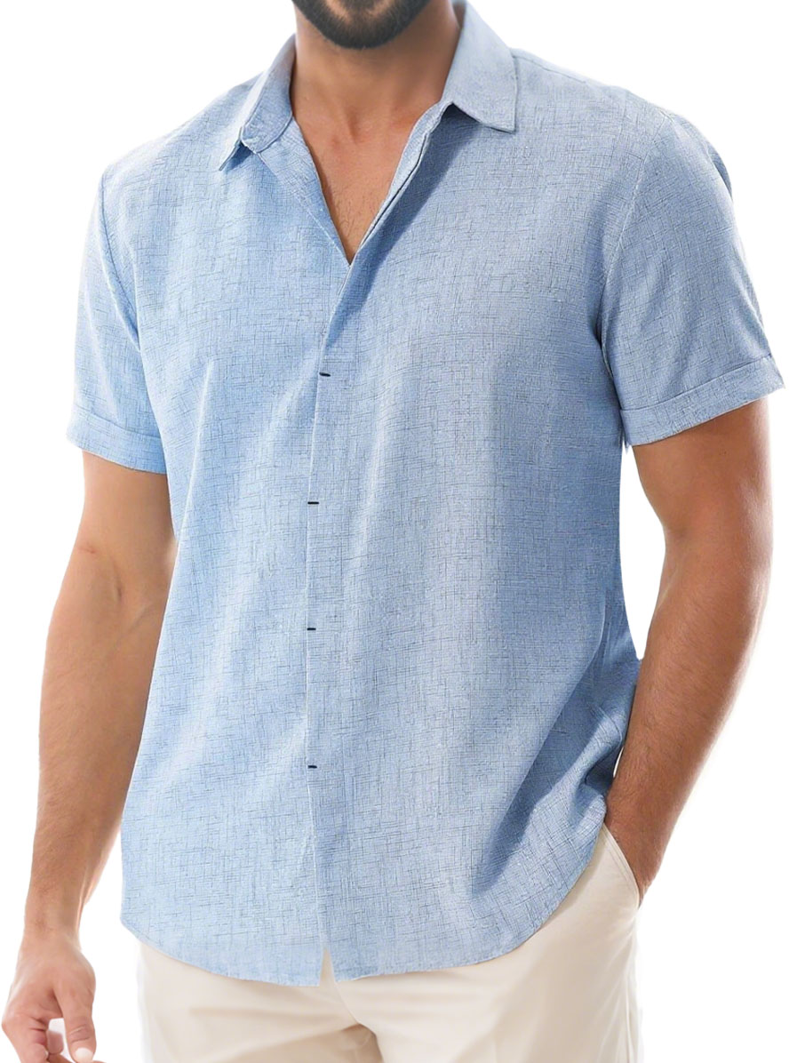 Herren Tägliches Lässiges Imitationsleinen Weites Kurzarm Hemd mit Revers-deurabatt
