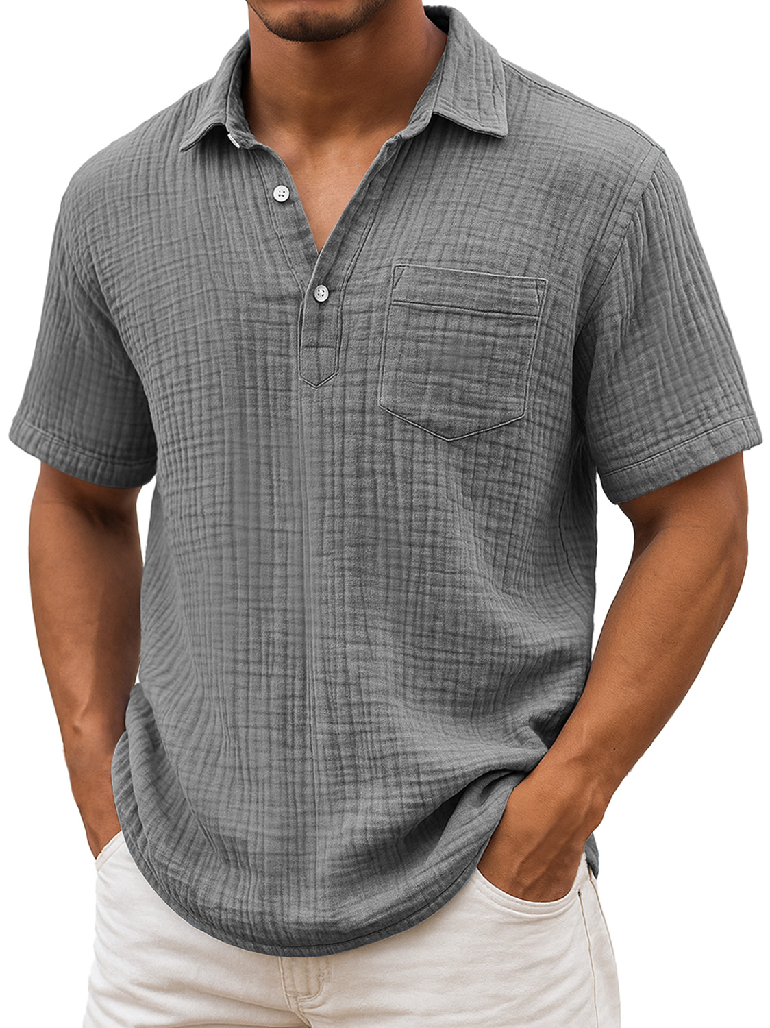Herren Daily Plissee Textur Revers Freizeit Tasche Bequem Kurzarm POLO Hemd-deurabatt
