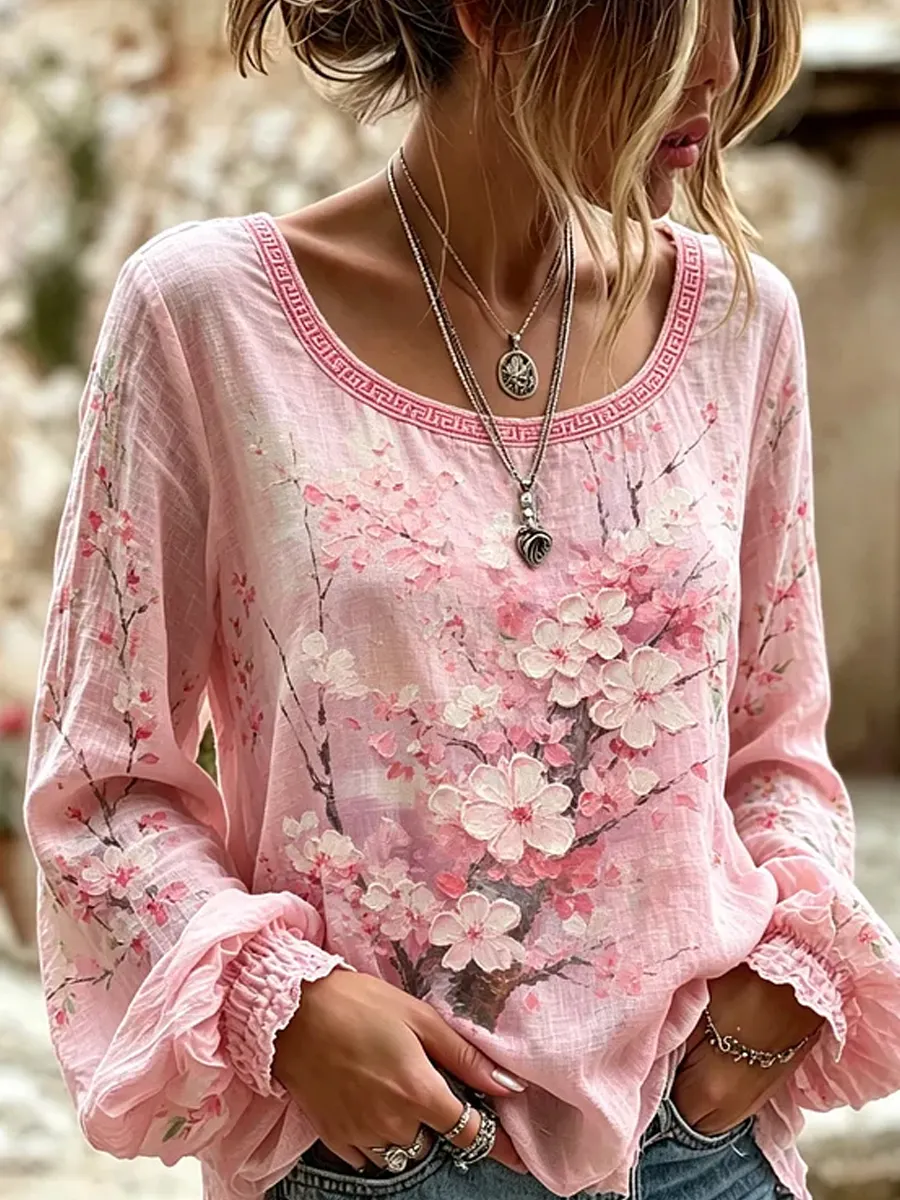 Damen-Top im Vintage-Stil mit floraler Kunstprint-Optik, aus Baumwolle und Leinen, lässig-Mode & Komfort