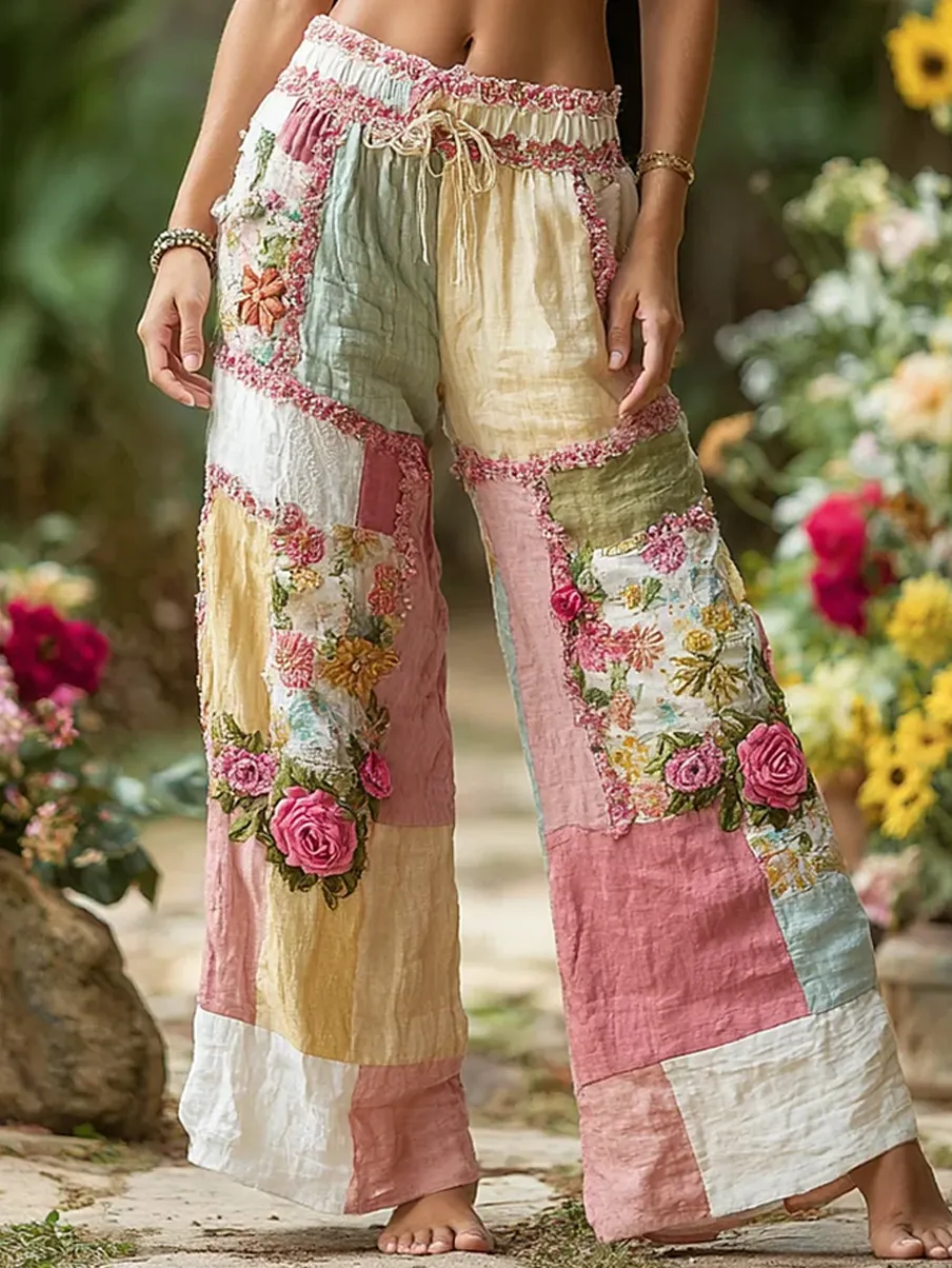 Retro Floral Art Print Freizeit-Baumwoll-Leinen-Komfort hosen-Mode & Komfort