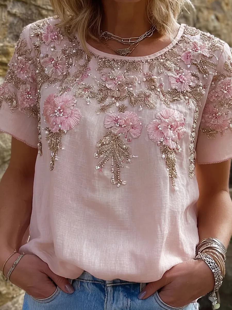 Damen Vintage Blumenkunstdruck Freizeit-T-Shirt-Mode & Komfort