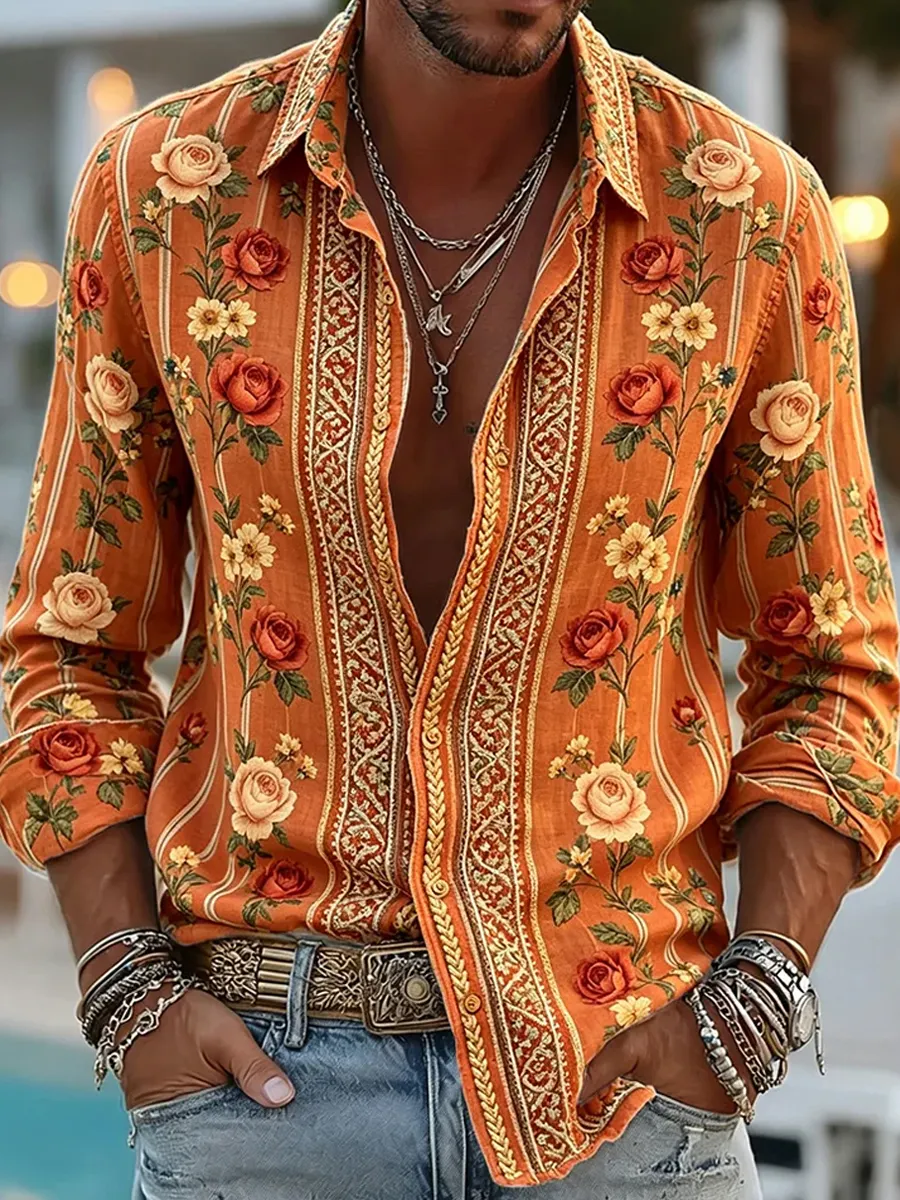 Herren-Retro-Shirt mit abstraktem Kunstprint, lässig, aus Baumwolle-Leinen, langärmlig-Mode & Komfort