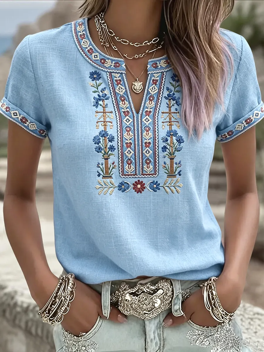 Frauen schwedisches Mittsommer symmetrisches Blumen kunst lässig V-Ausschnitt T-Shirt-Mode & Komfort