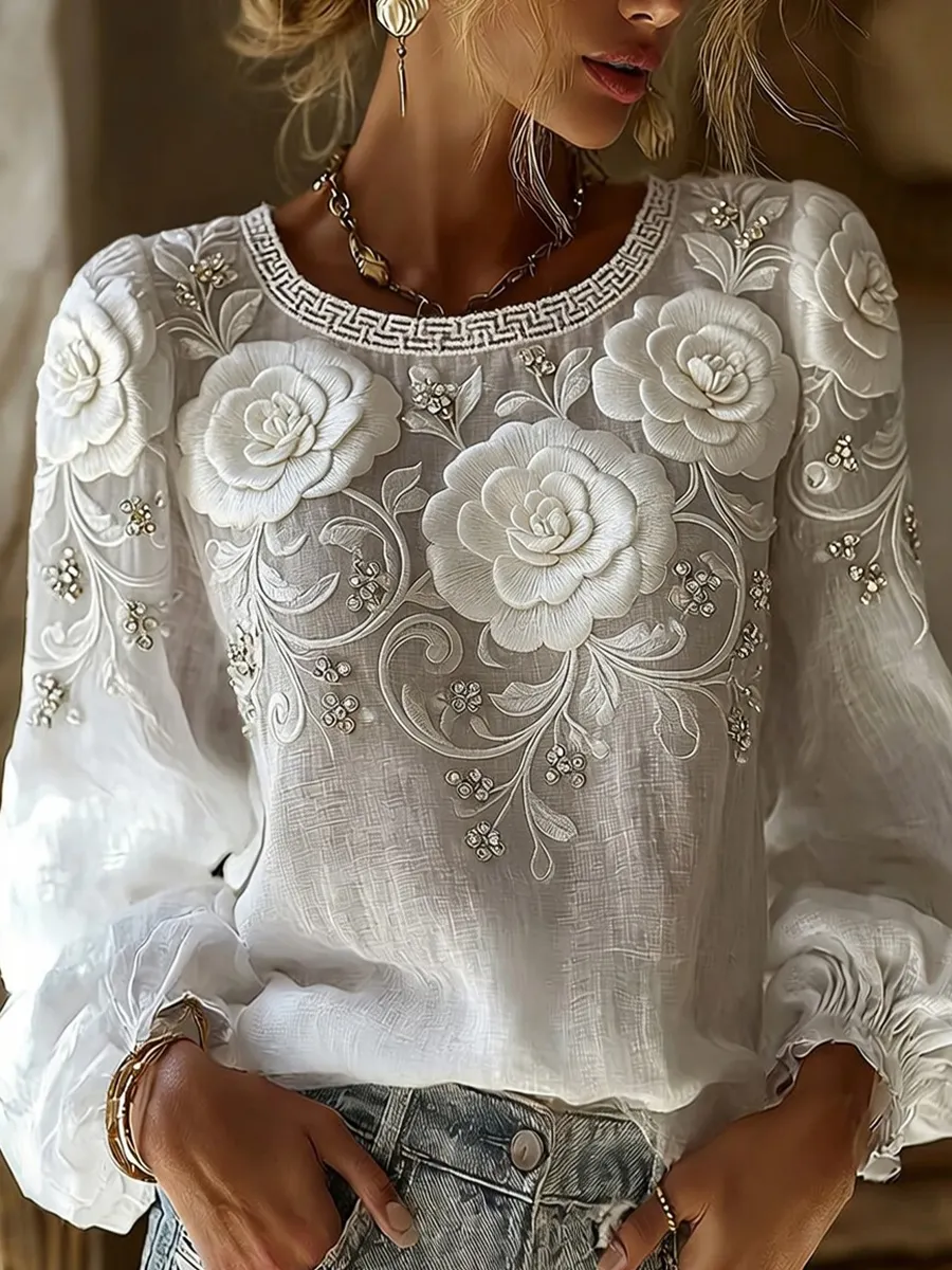 Damen-Top im Vintage-Stil mit floraler Kunstprint-Optik, aus Baumwolle und Leinen, lässig-Mode & Komfort