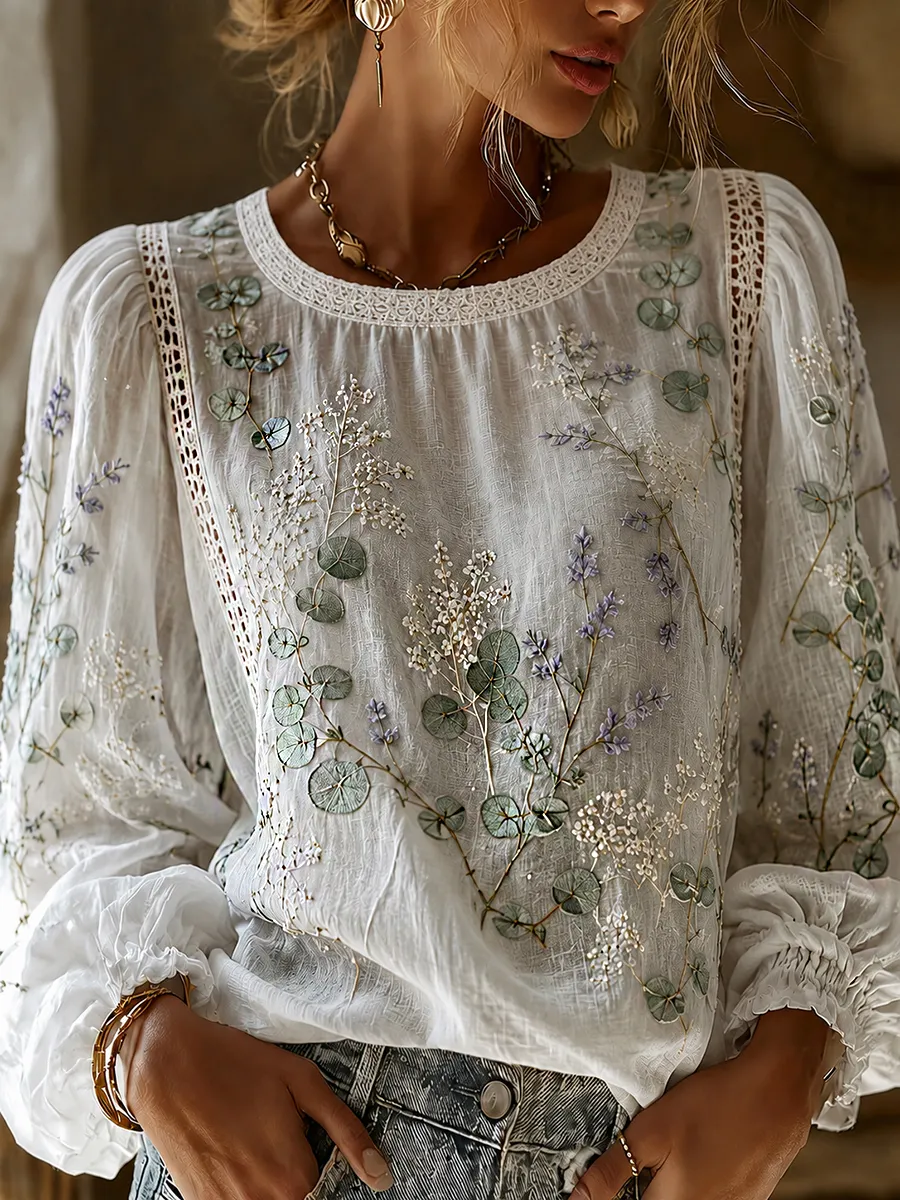 Damen-Top aus Baumwolle-Leinen im Vintage-Stil mit floraler Kunstprint-Optik-Mode & Komfort