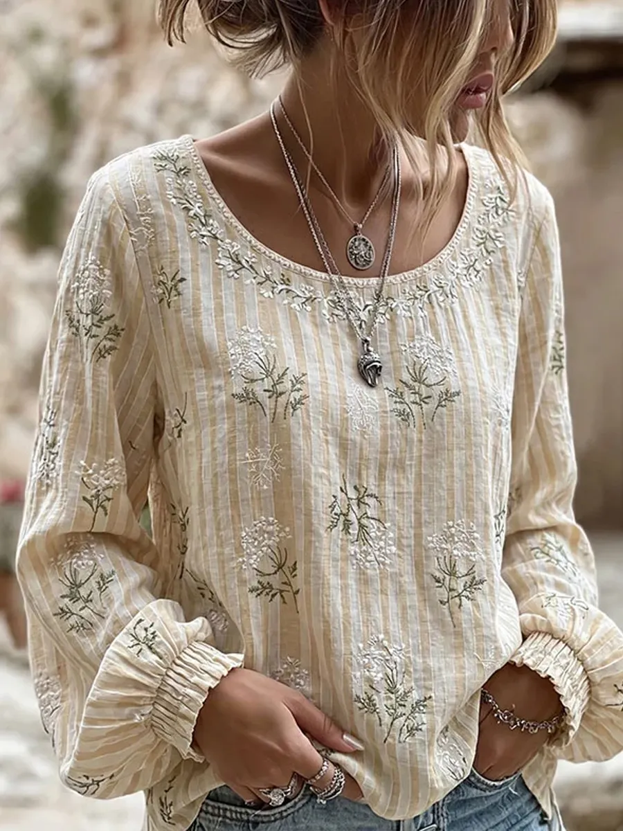 Damen-Top im Vintage-Stil mit floraler Kunstprint-Optik, aus Baumwolle und Leinen, lässig-Mode & Komfort