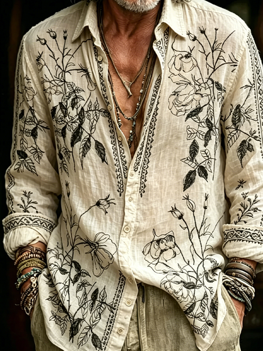 Herren-Retro-Shirt mit abstraktem Kunstprint, lässig, aus Baumwolle-Leinen-Mischgewebe-Mode & Komfort