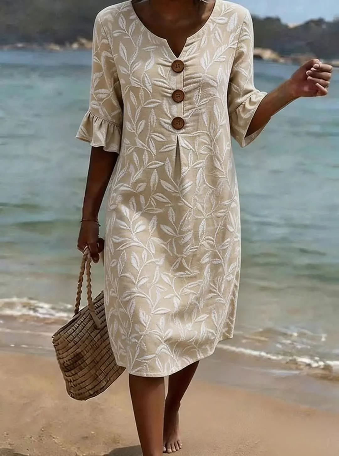 Lässiges Baumwollkleid im Vintage-Stil mit Blumenmuster für Damen, mit Knopfleiste