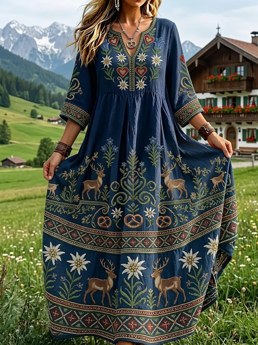 Blumen kunst bedrucktes Leinen kleid für Damen im bayerischen Stil-Mode & Komfort