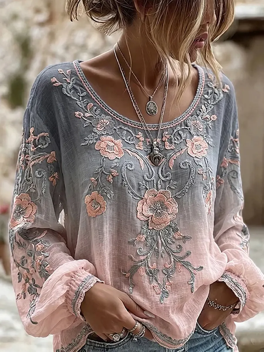 Damen-Top im Vintage-Stil mit floraler Kunstprint-Optik, aus Baumwolle und Leinen, lässig-Mode & Komfort