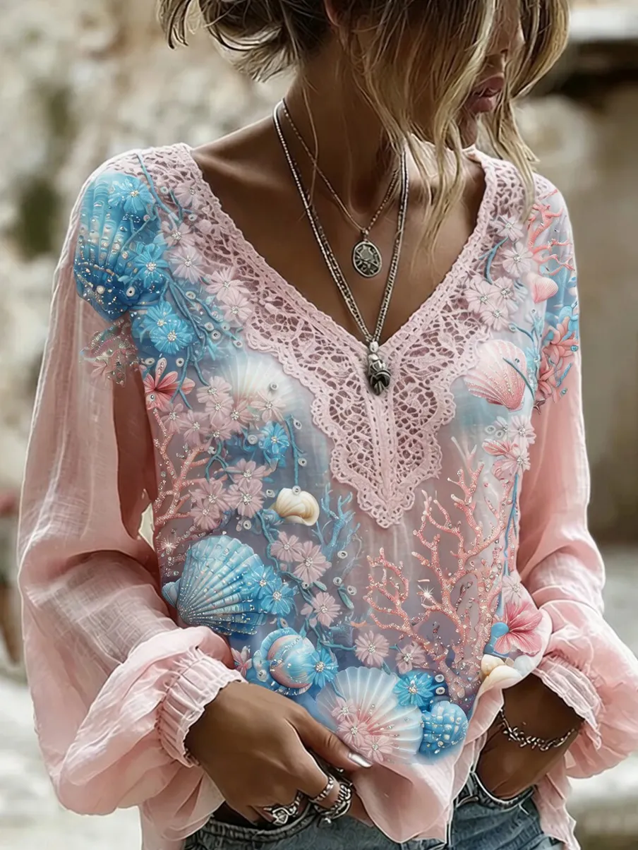 Damen-Top im Vintage-Stil mit floraler Kunstprint-Optik, aus Baumwolle und Leinen, lässig-Mode & Komfort