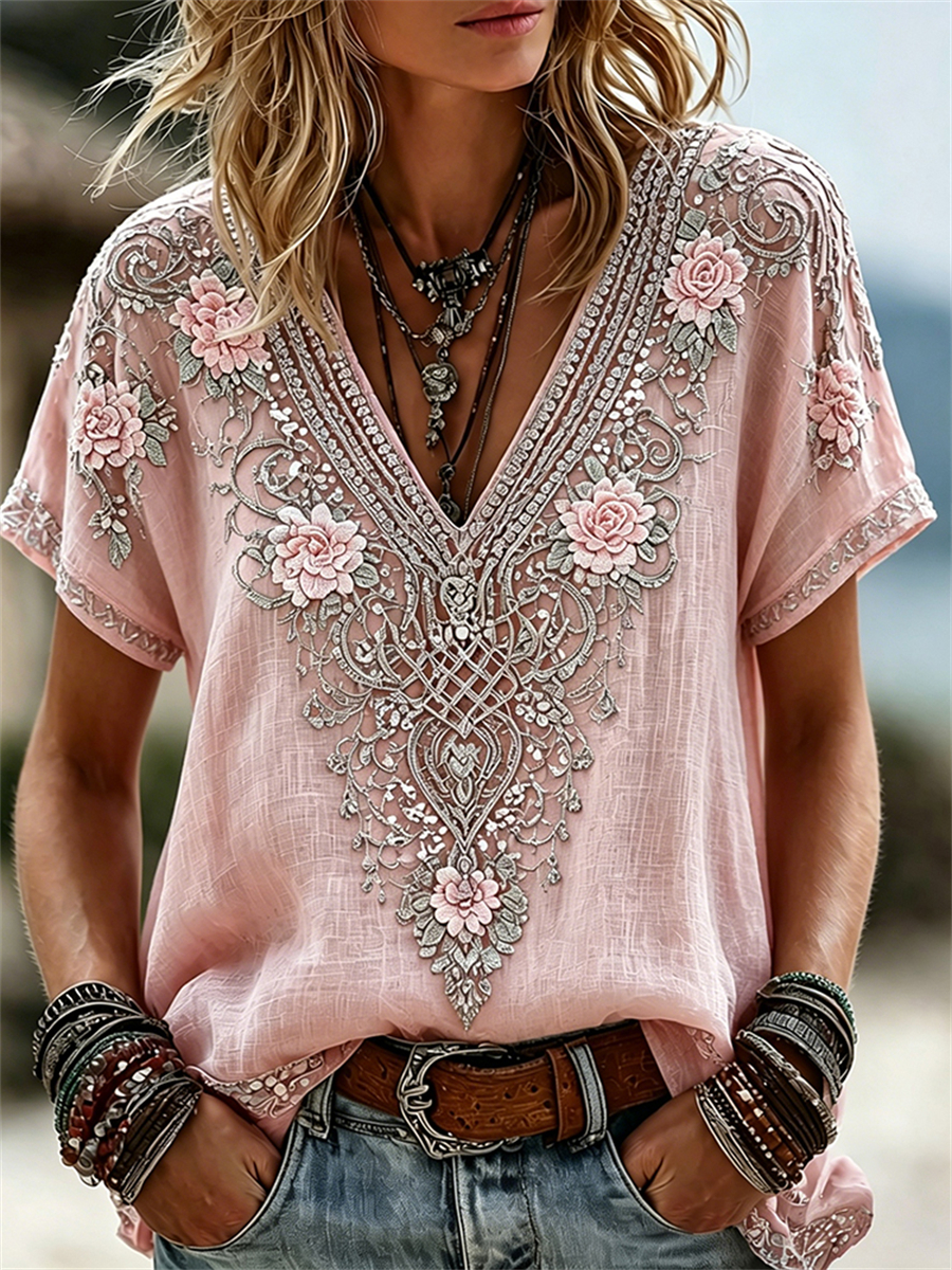 Damen-Viking‐Keltischer‐Knoten‐Boho‐Blumenprint‐Leinen‐T‐Shirt mit kurzen Ärmeln-Mode & Komfort