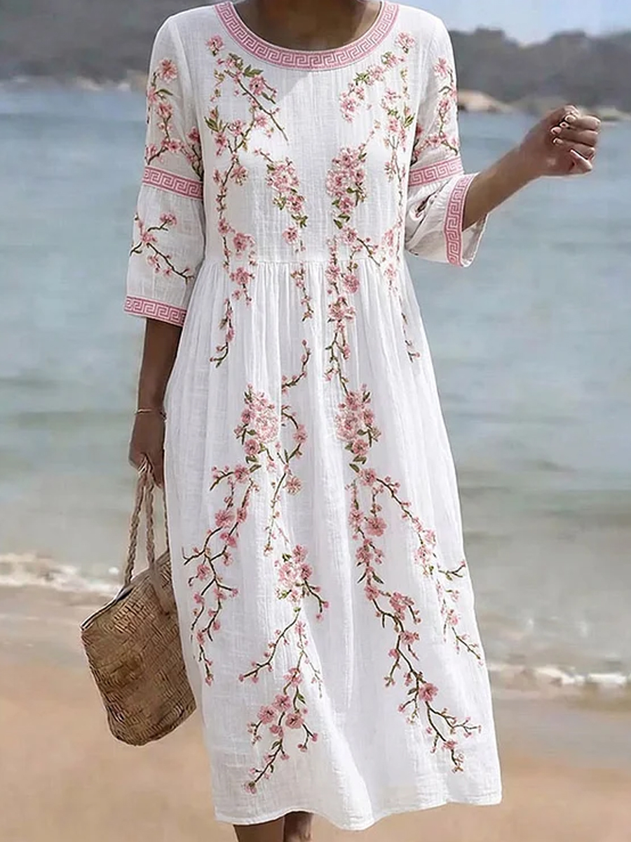 Damen-Vintage-Midi-Kleid im Boho-Stil aus Baumwolle und Leinen mit floraler Blumenmuster-Optik-Mode & Komfort