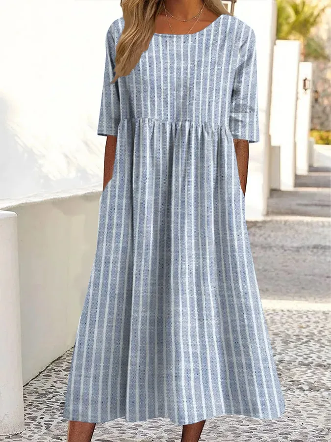Vintage-Midikleid mit Streifenmuster, Rundhalsausschnitt und Taschen-Mode & Komfort