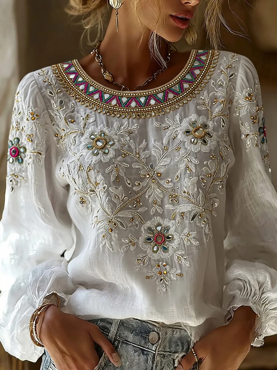 Damen-Top im Vintage-Stil mit floraler Kunstprint-Optik, aus Baumwolle und Leinen, lässig-Mode & Komfort