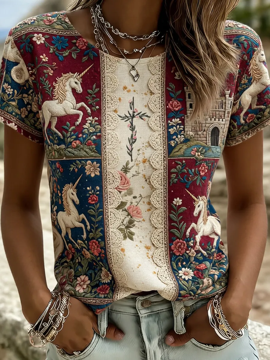 Damen-Comfort-T-Shirt mit vintage Blumenkunstdruck-Mode & Komfort