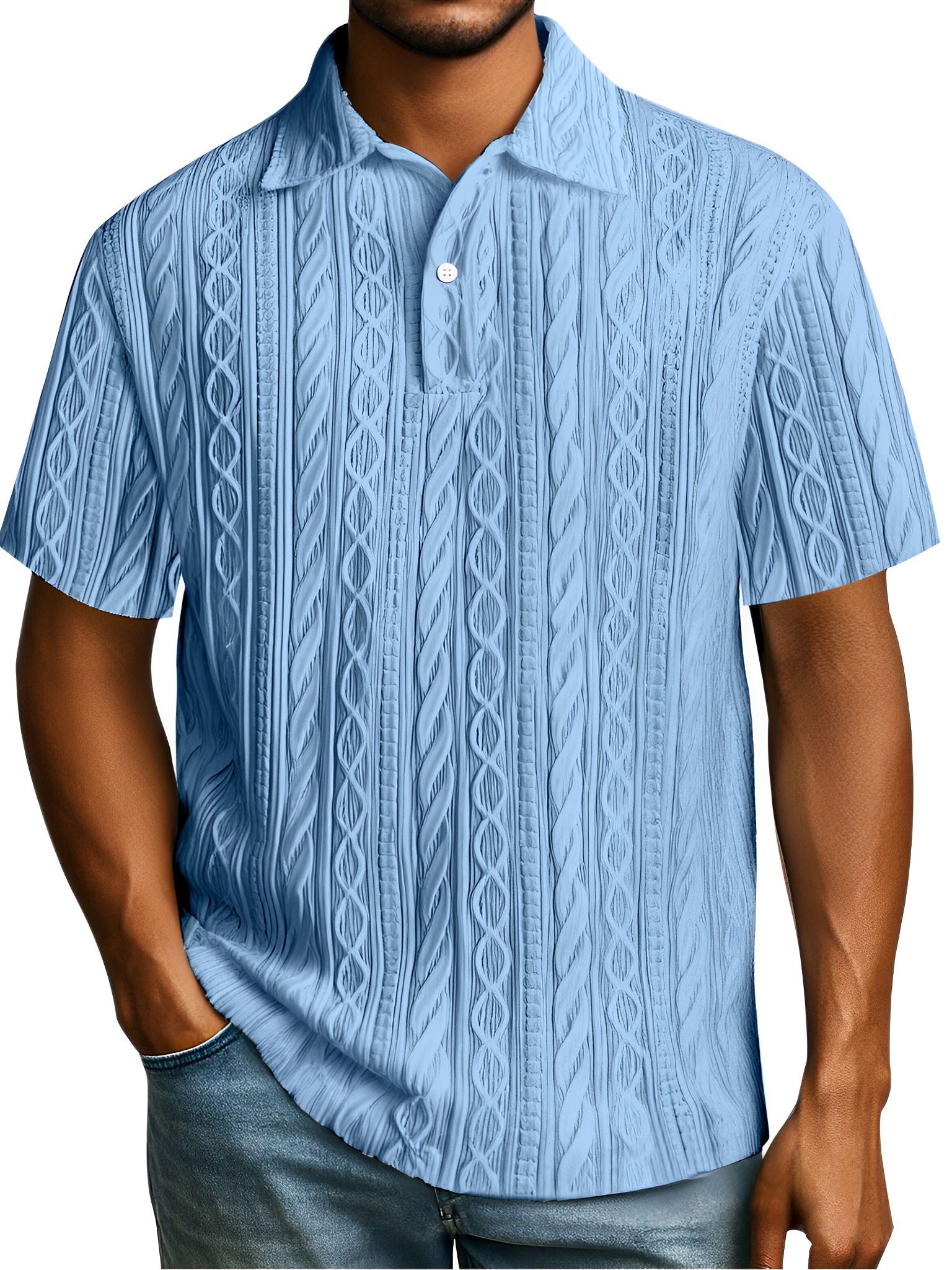 Herren Einfaches Tägliches Einfarbiges Texturiertes Knopfkragen Kurzarm Polohemd-deurabatt