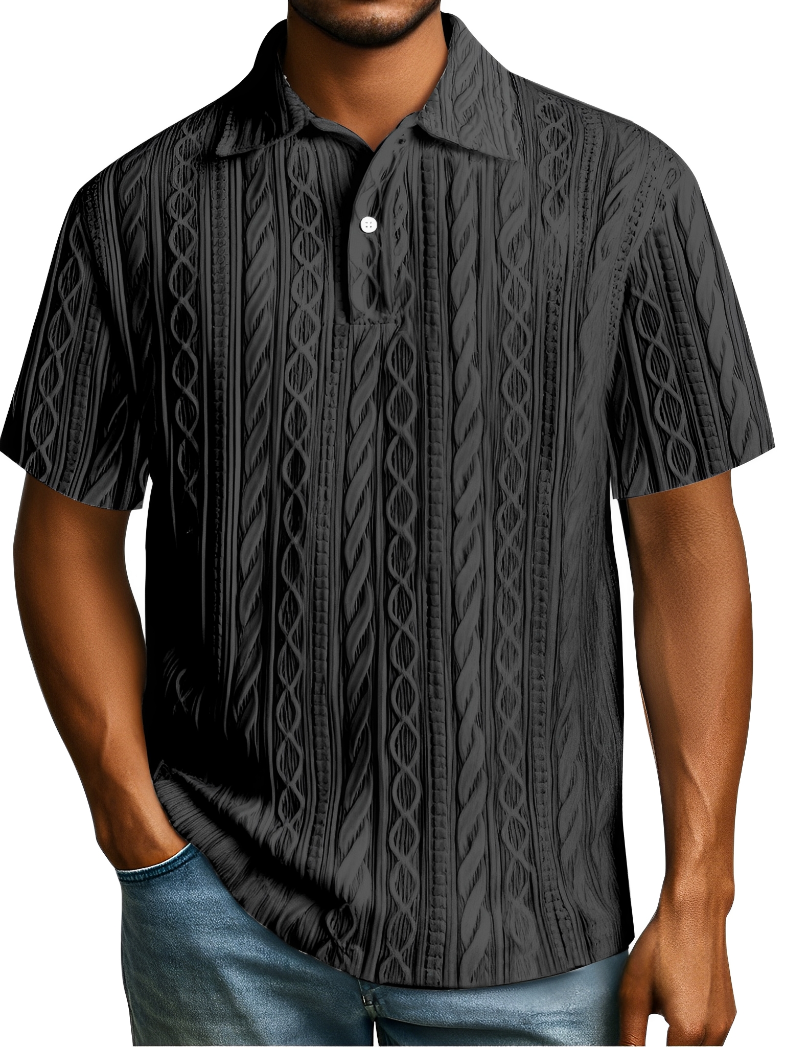 Herren Einfaches Tägliches Einfarbiges Texturiertes Knopfkragen Kurzarm Polohemd-deurabatt